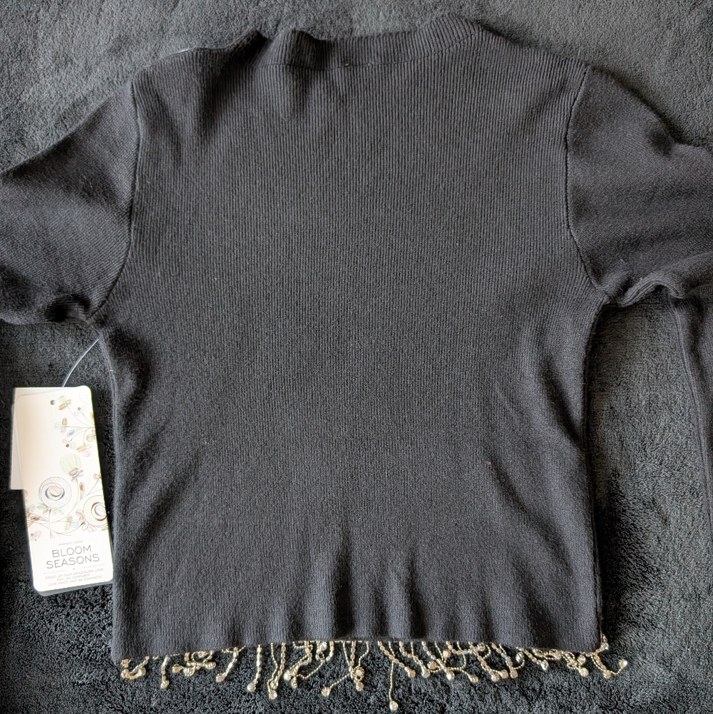 NWT Rhinestone Fringe Cropped Black Sweater Night Out Baddie Going Out Top M image 4